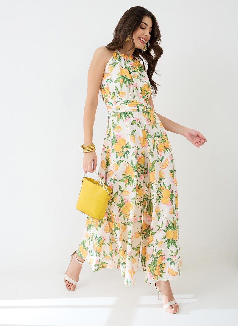 Globus Women Yellow Floral & Fruit Print Halter Neck Pleated Detail Flared Fusion Jumpsuit - Image 1